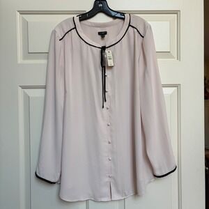 Talbots Woman 1X Blouse Pale Pink Black Contrast Trim Tie Neck Button Front NEW